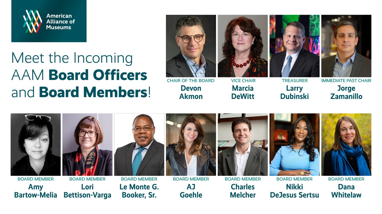 Graphic reads "Meet the Incoming AAM Board Officers and Board Members!" with headshots of 4 board officers and 7 new board members