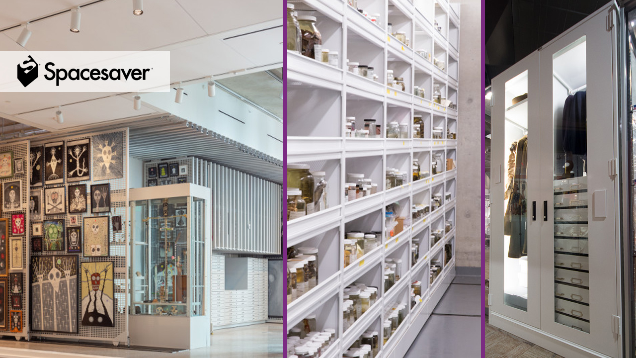 A composite of photographs showing art and objects in a variety of storage solutions